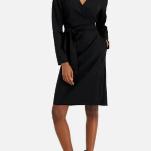 Alfani Women's Deep Black Petite Belted Wrap Surplice Neck Dress Med NWT